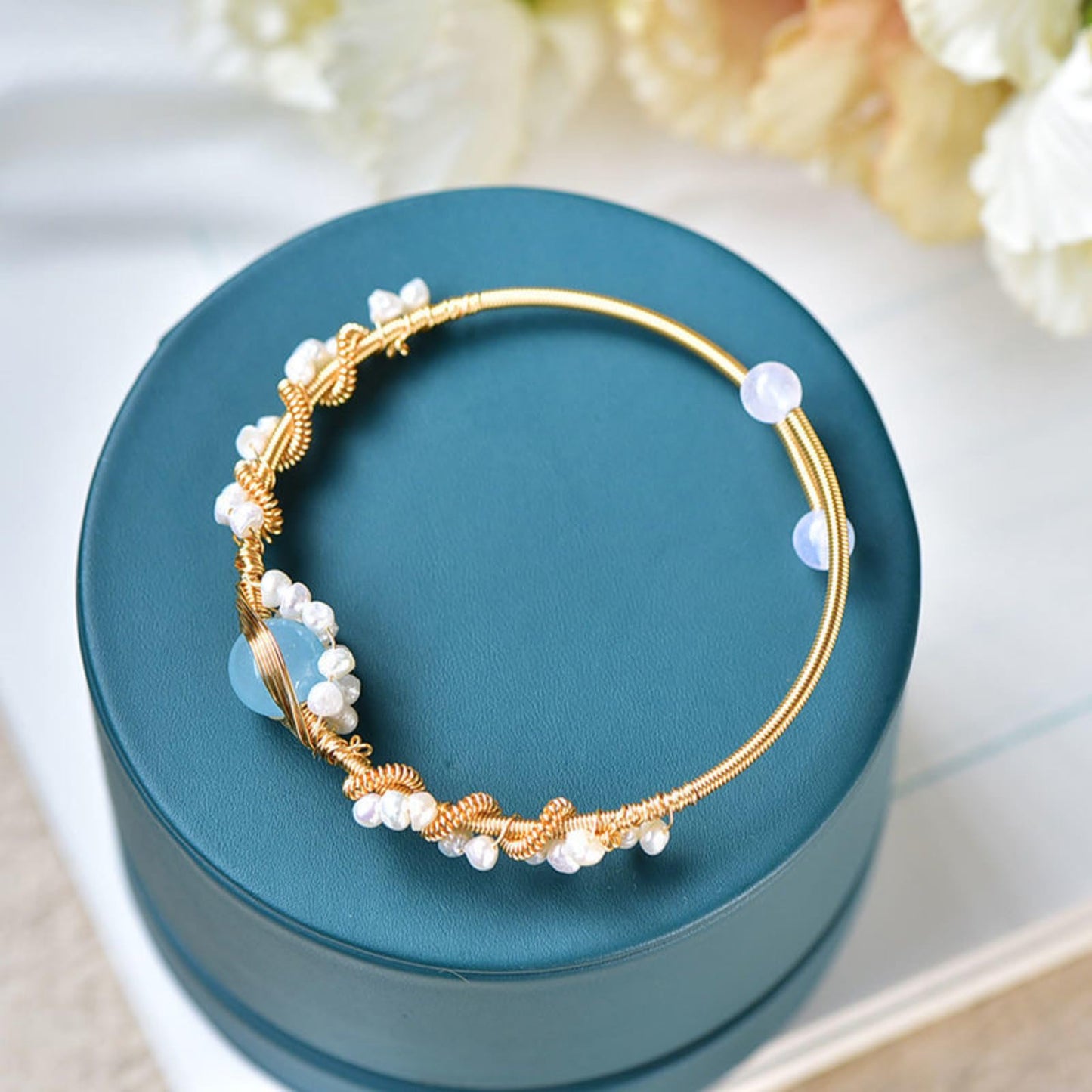 Vintage Gold Plated Pearl Bracelet for Women – Gold Wire Braided Cuff Jewelry