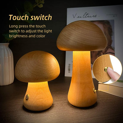 Wooden Mushroom LED Touch Bedside Lamp