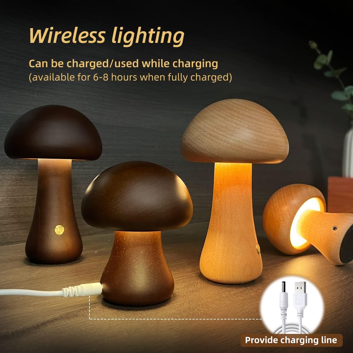 Wooden Mushroom LED Touch Bedside Lamp