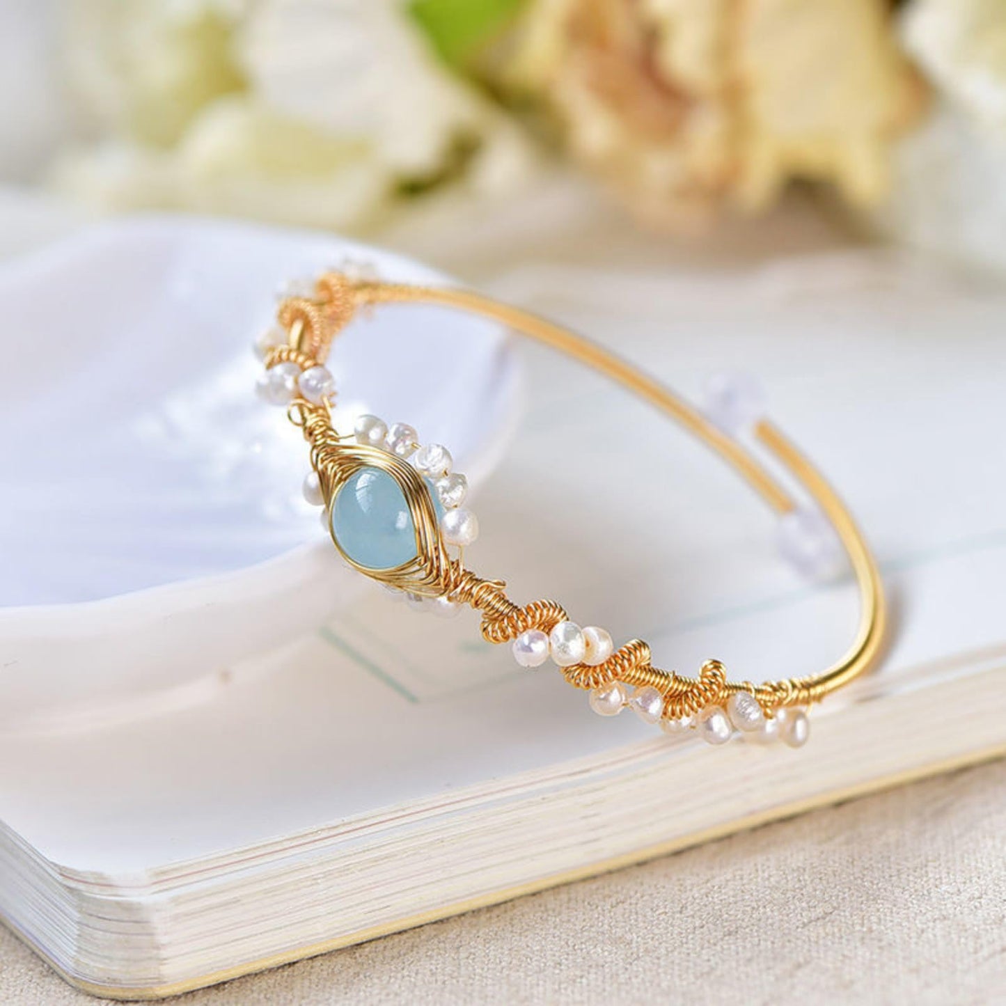 Vintage Gold Plated Pearl Bracelet for Women – Gold Wire Braided Cuff Jewelry
