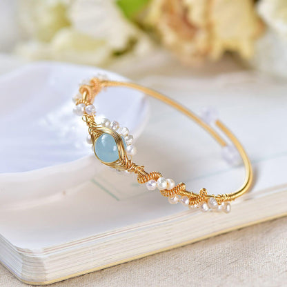 Vintage Gold Plated Pearl Bracelet for Women – Gold Wire Braided Cuff Jewelry