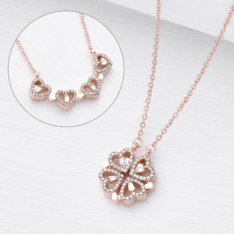 Retro Magnetic Four Leaf Clover Heart Pendant Necklace for Women