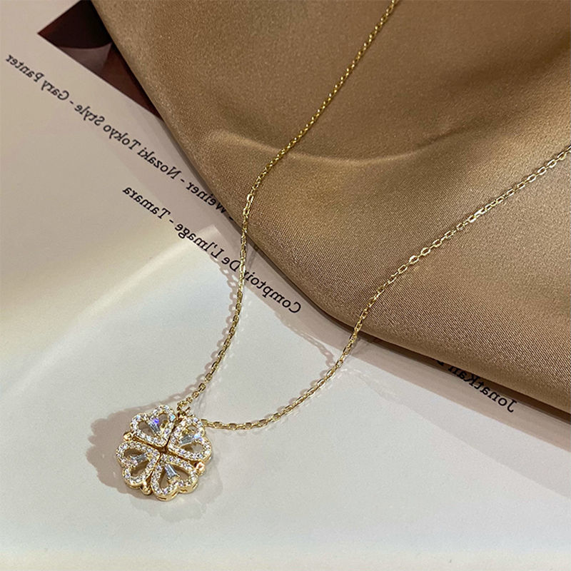 Retro Magnetic Four Leaf Clover Heart Pendant Necklace for Women