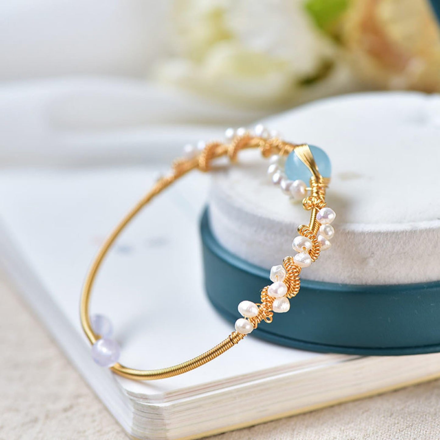 Vintage Gold Plated Pearl Bracelet for Women – Gold Wire Braided Cuff Jewelry