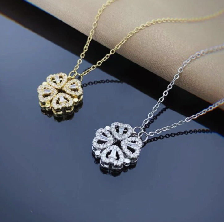 Retro Magnetic Four Leaf Clover Heart Pendant Necklace for Women